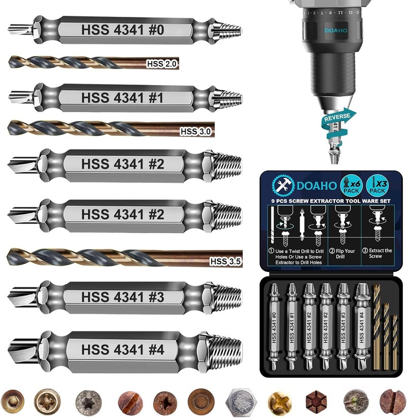 Doaho 9 PCS Damaged Screw Extractor Set,6 PCS HSS 4341 Screw Extractor Remover Kit and 3 PCS Twist Drill Bit Kit for Stripped Screws & Drill Bit Tools,Holiday or Birthday Gift for Men - Image 1